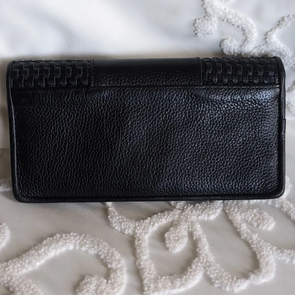 Brighton Talana Large Slim Wallet Woven Black Leather With Silver Medallion NWOT
